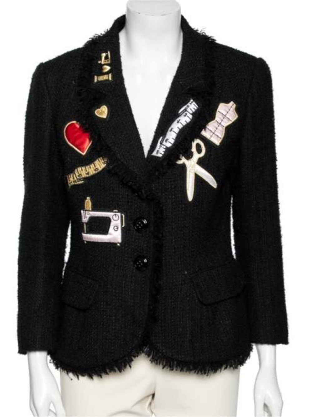 Vintage Moschino Women's Embellished Appliqué Black Tweed Blazer Jacket